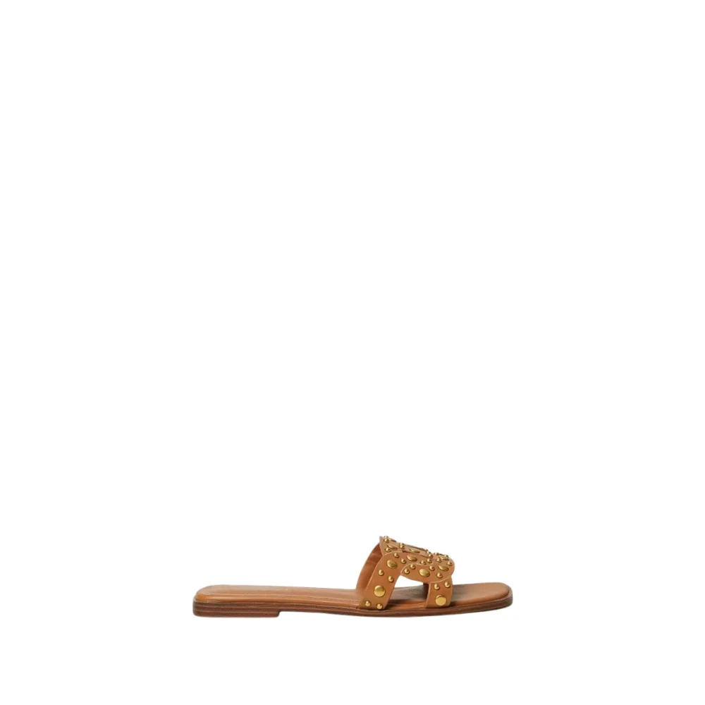 Twinset Women's Brown Studded Leather Slide Sandals - Sliders - 5 Uk - Shoes
