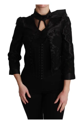 Svart Blommig Jacquard Sidenblazer Jacka