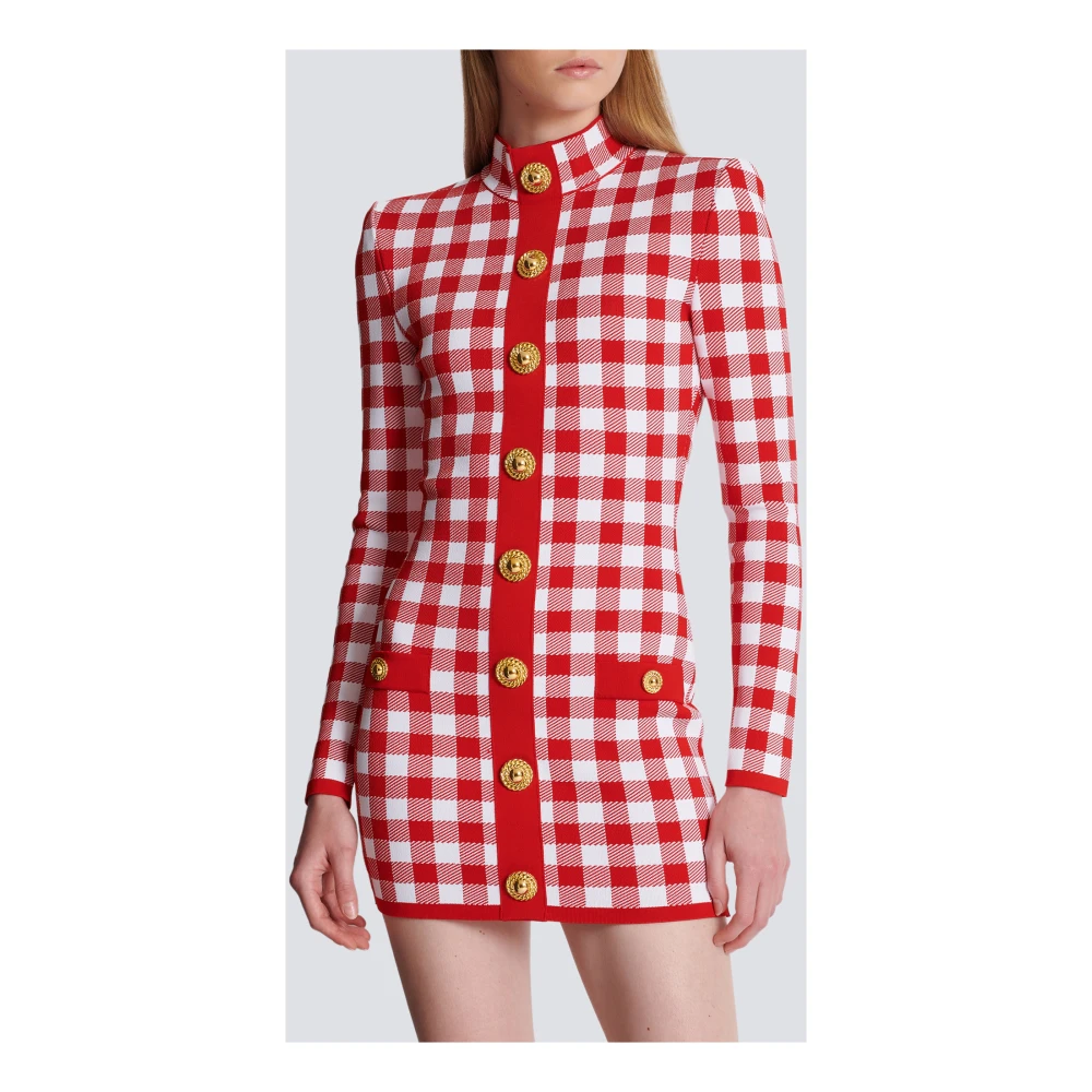Balmain Gingham Fijngebreide Jurk Red Dames
