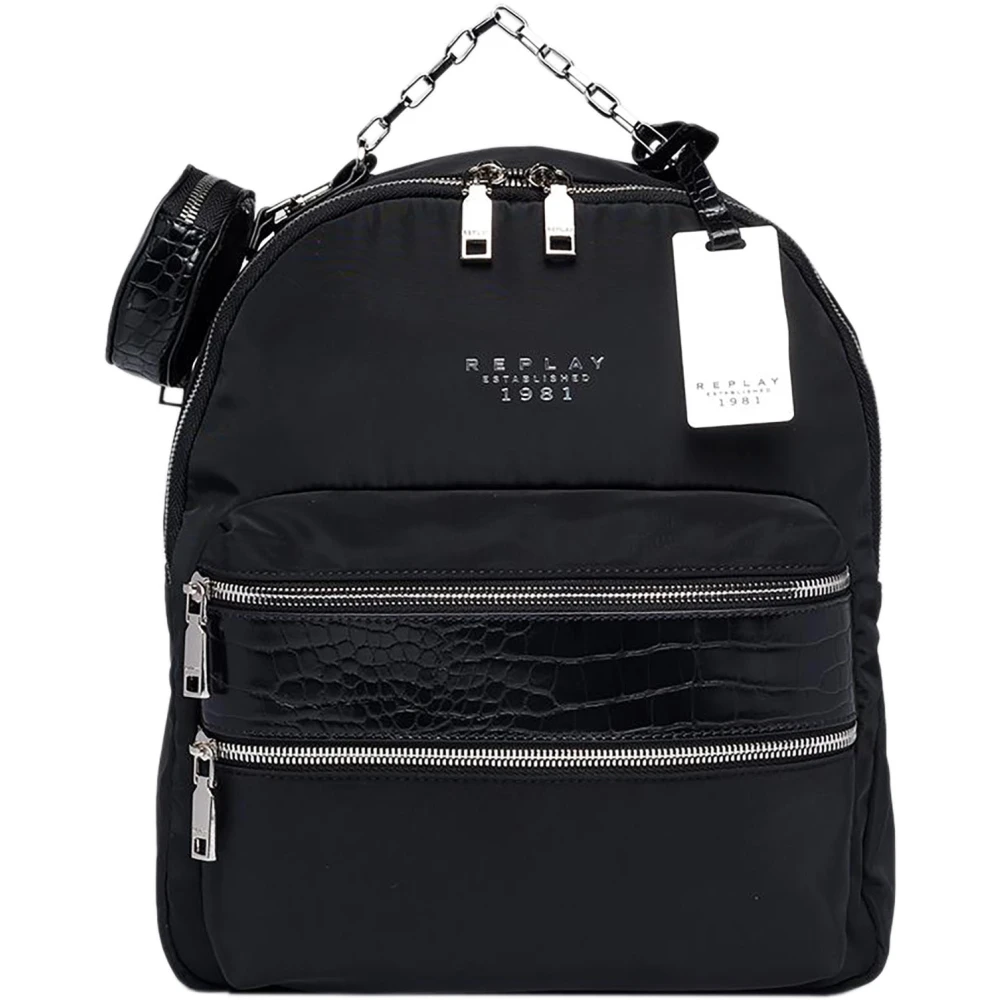 Replay Unisex Black Backpacks, One Size, Double Zip Backpack