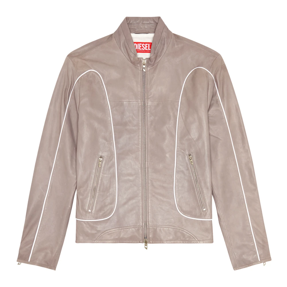 Diesel Leather biker jacket with piping Gray Heren