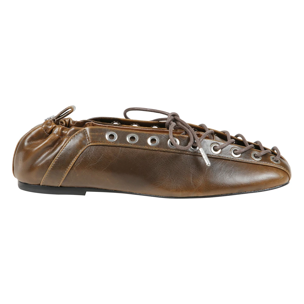 Ganni Women's Green Leather Lace Up Ballerina Shoes