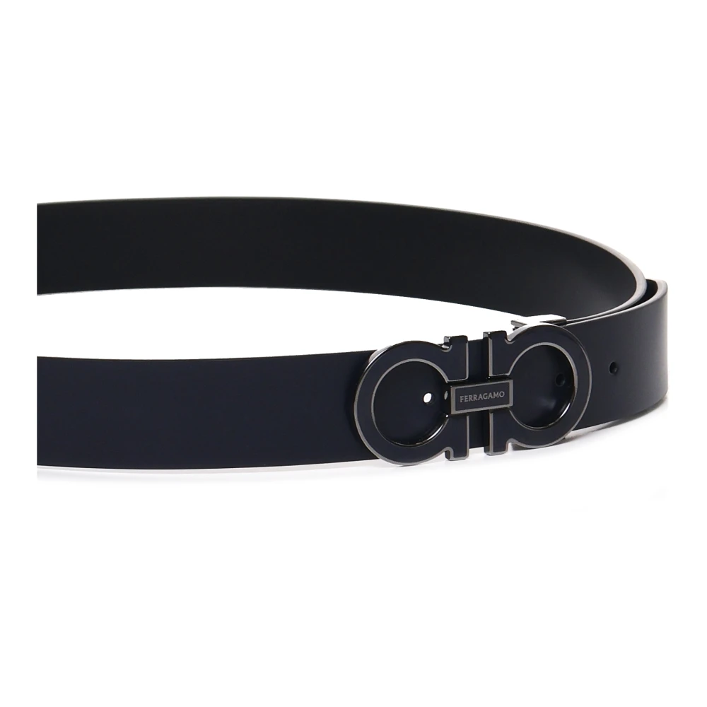 Salvatore Ferragamo Navy Gancini Iconic Buckle Calfskin Riem Blue Heren