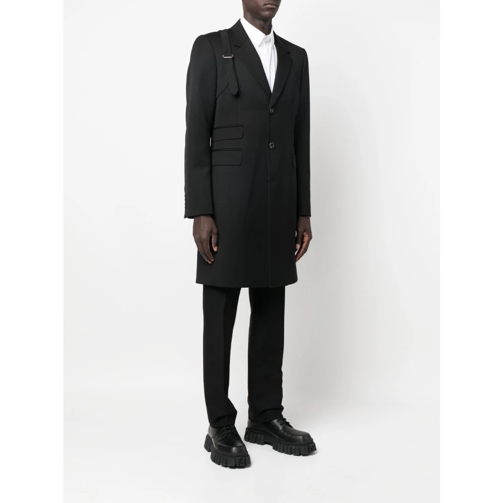 alexander mcqueen Zwarte Wolen Jas met Enkele Rij Knopen en Harnas Schouder Black Heren