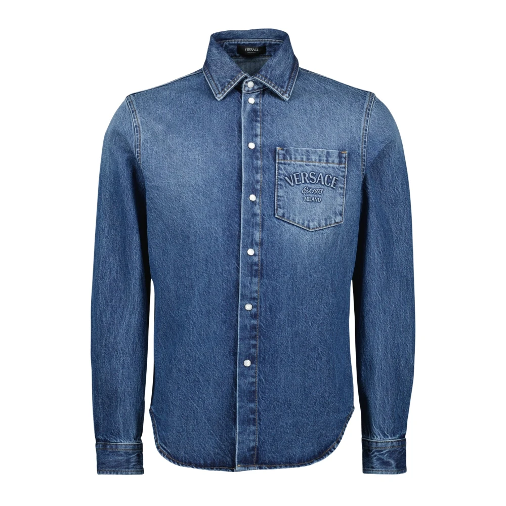 Versace Denim shirt met geborduurd logo Blue Heren