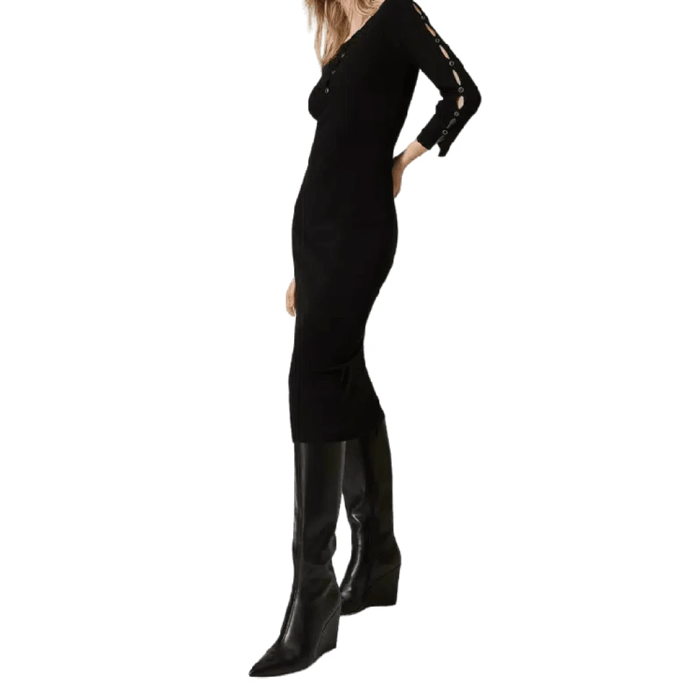 Twinset Zwarte Gebreide Jurk met Uitsparingen en Studs Black Dames
