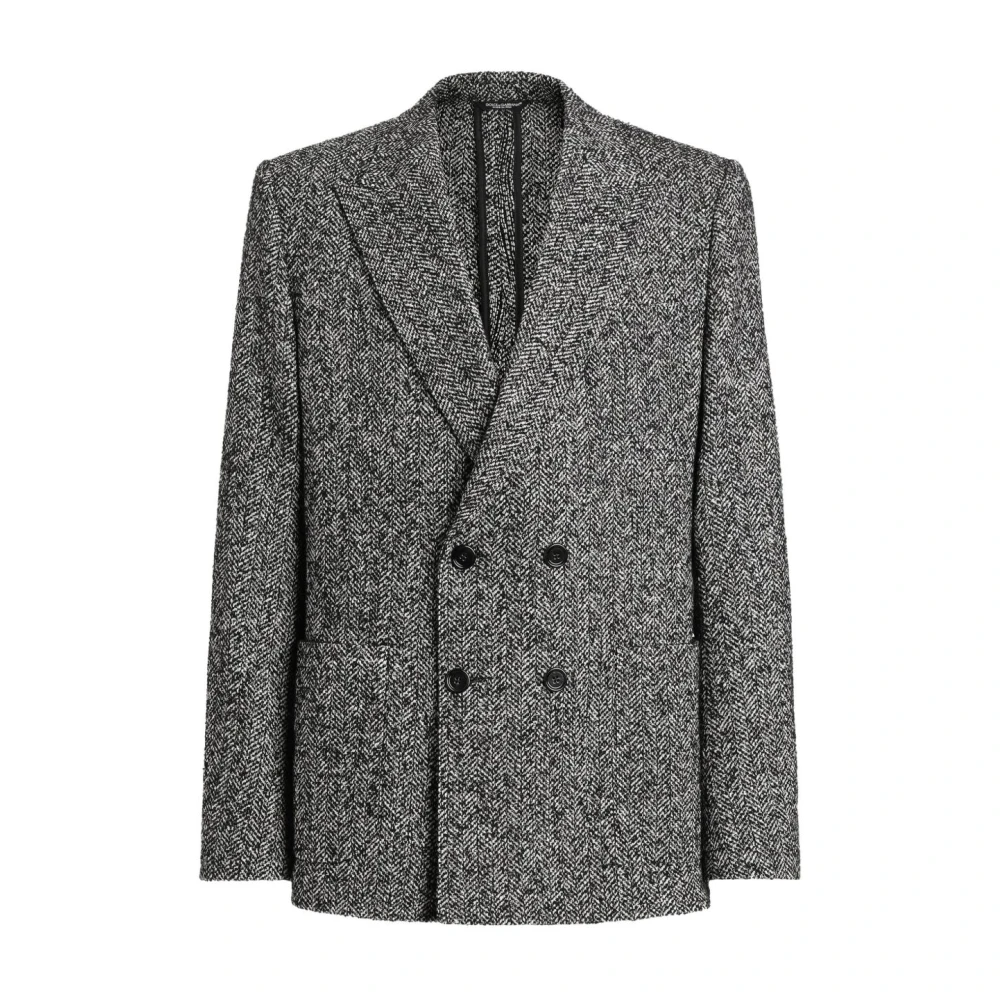 Dolce & Gabbana Men's Gray Blazers, M, Grey Herringbone Double-Breasted Jacket