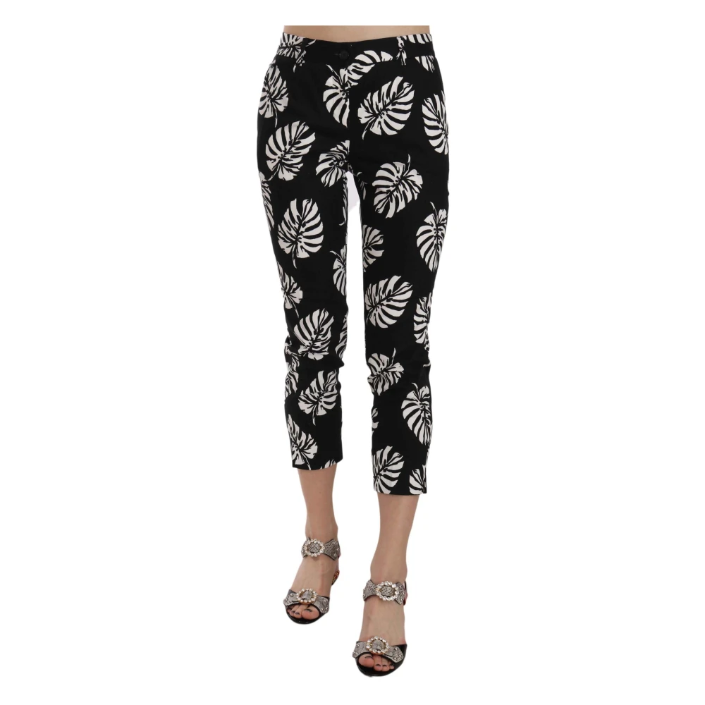 Dolce & Gabbana , Cropped Trousers, Female, Black, 2XS, Black Palm Leaf Print Skinny Trousers