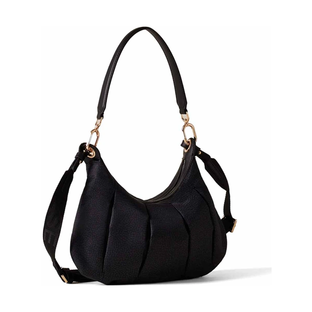 Borbonese Croissant Zwarte Bedrukte Tas met Leren Details Black Dames