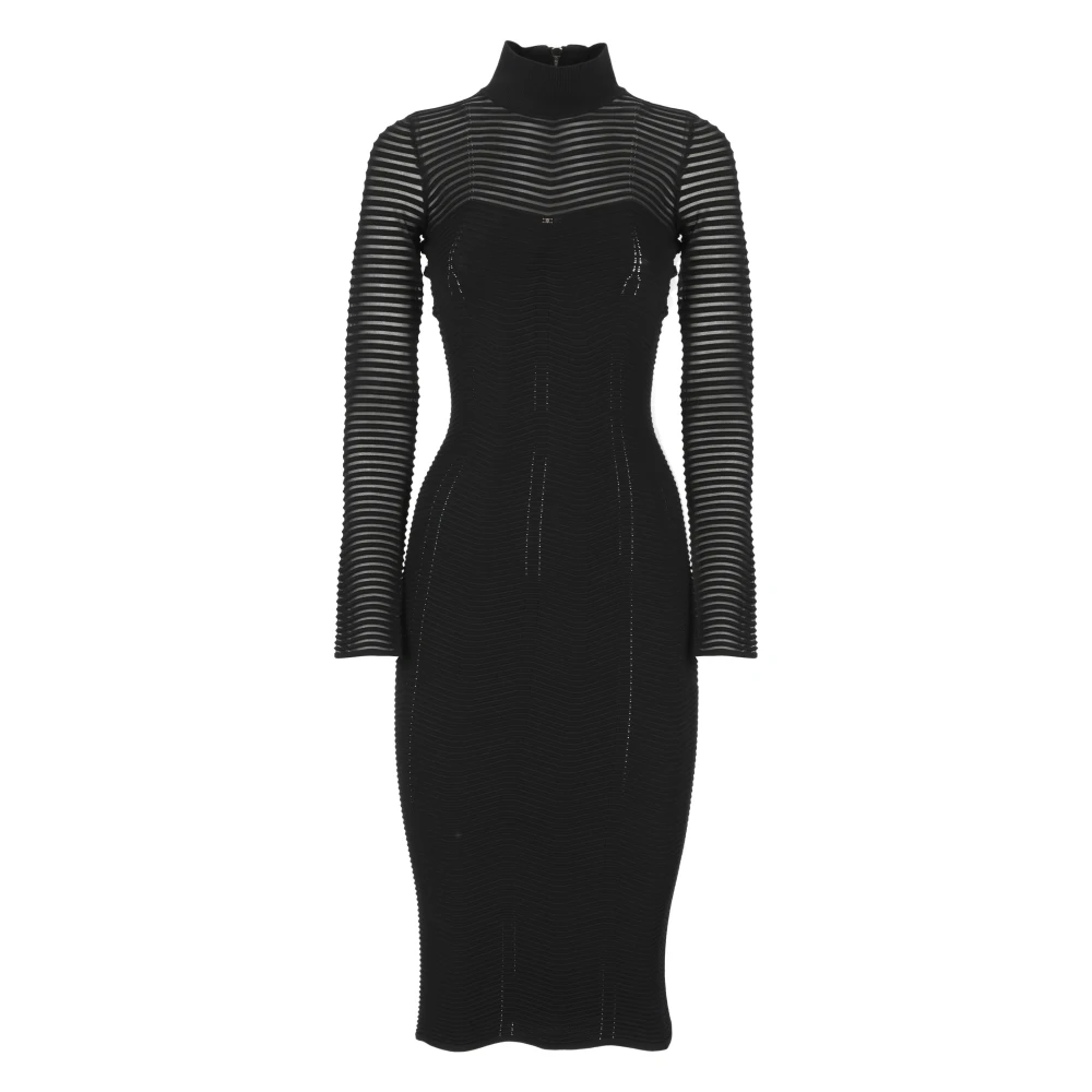 Elisabetta Franchi Zwarte Chevron Midi Jurk met Transparante Mouwen Black Dames