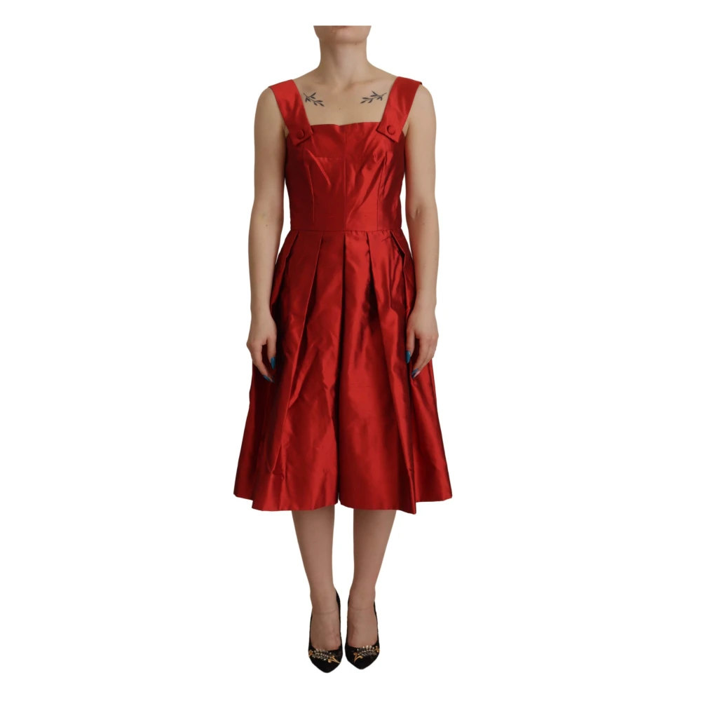 Dolce & Gabbana Women's Red Short Dresses, S, Silk A-Line Pleated Midi Dress