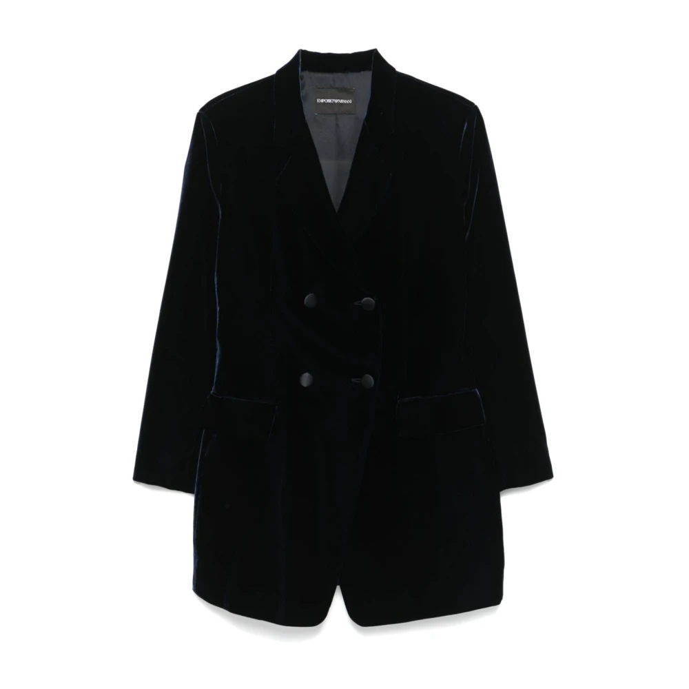 Emporio Armani Blauw Fluweel Dubbel-Breasted Jas Blue Dames