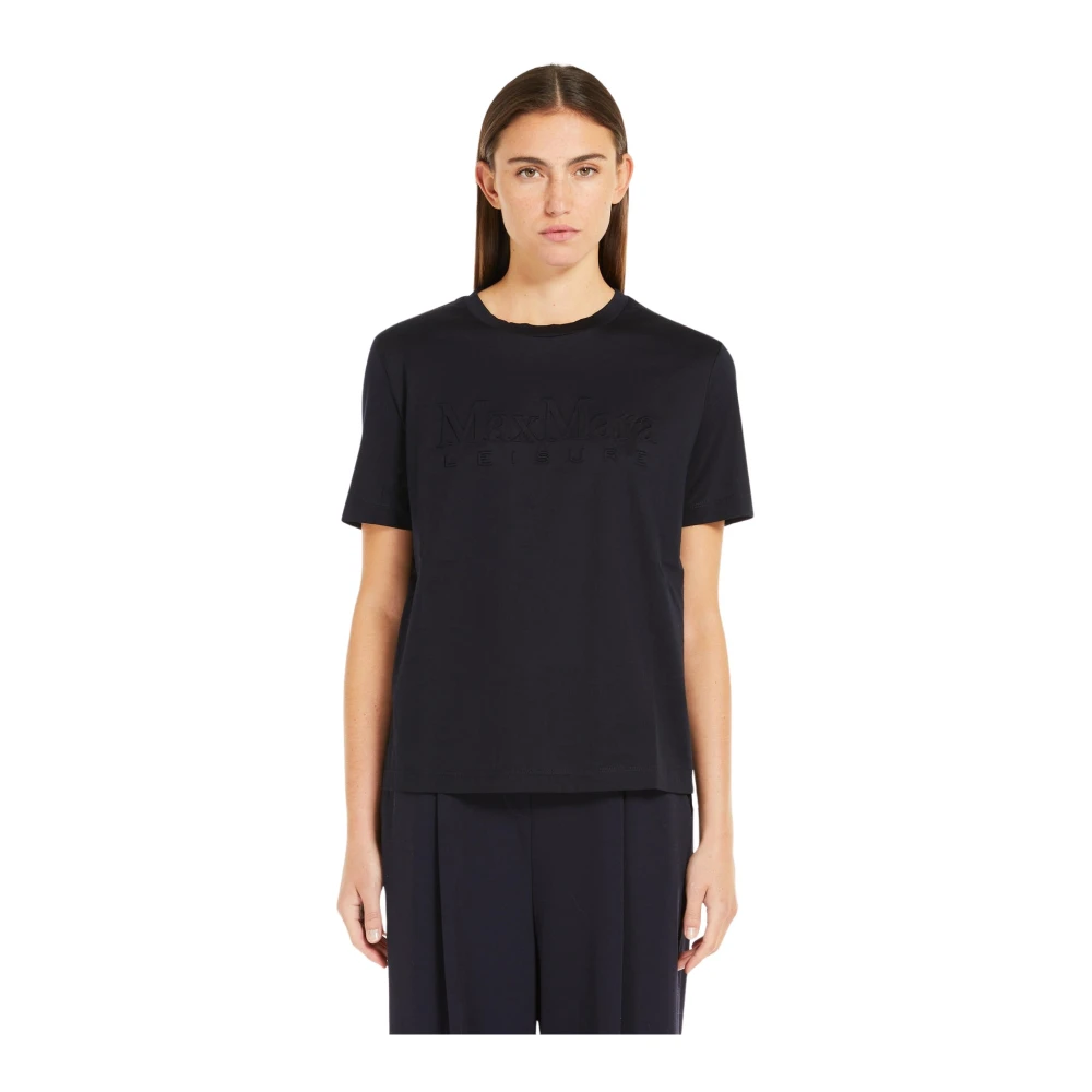 Max Mara Katoenen Jersey T-shirt met korte mouwen en reliëflogo Blue Dames
