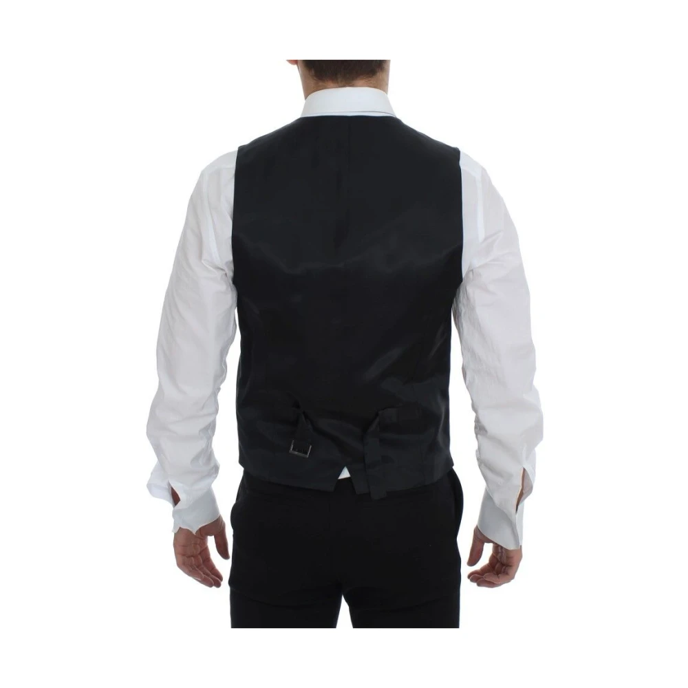 Dolce & Gabbana Elegante Grijze Gestreepte Wollen Jurk Vest Gray Heren