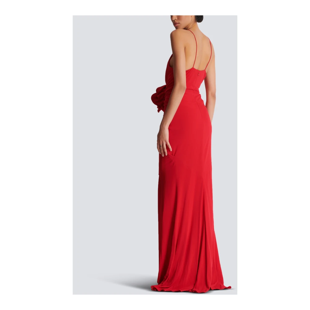 Balmain Lange geplooide jurk met bloemendetail Red Dames