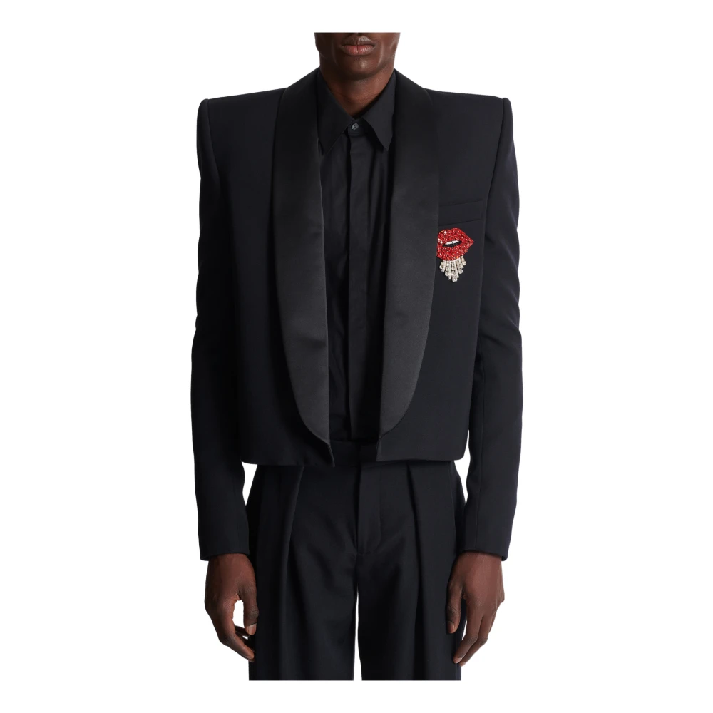Balmain Geknipte graan de poudre jas met geborduurd embleem Black Heren