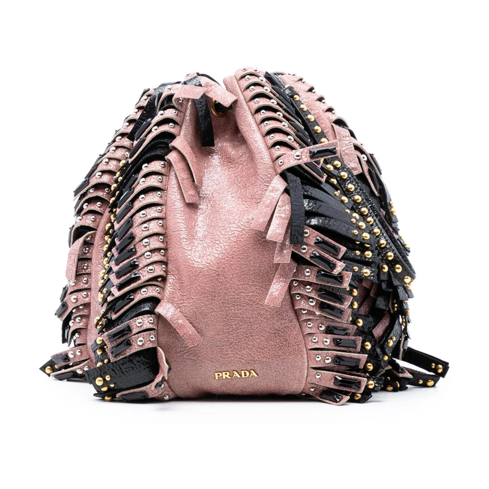Prada Vintage Women's Pink Pre-Owned Studded Leather Bucket Bag