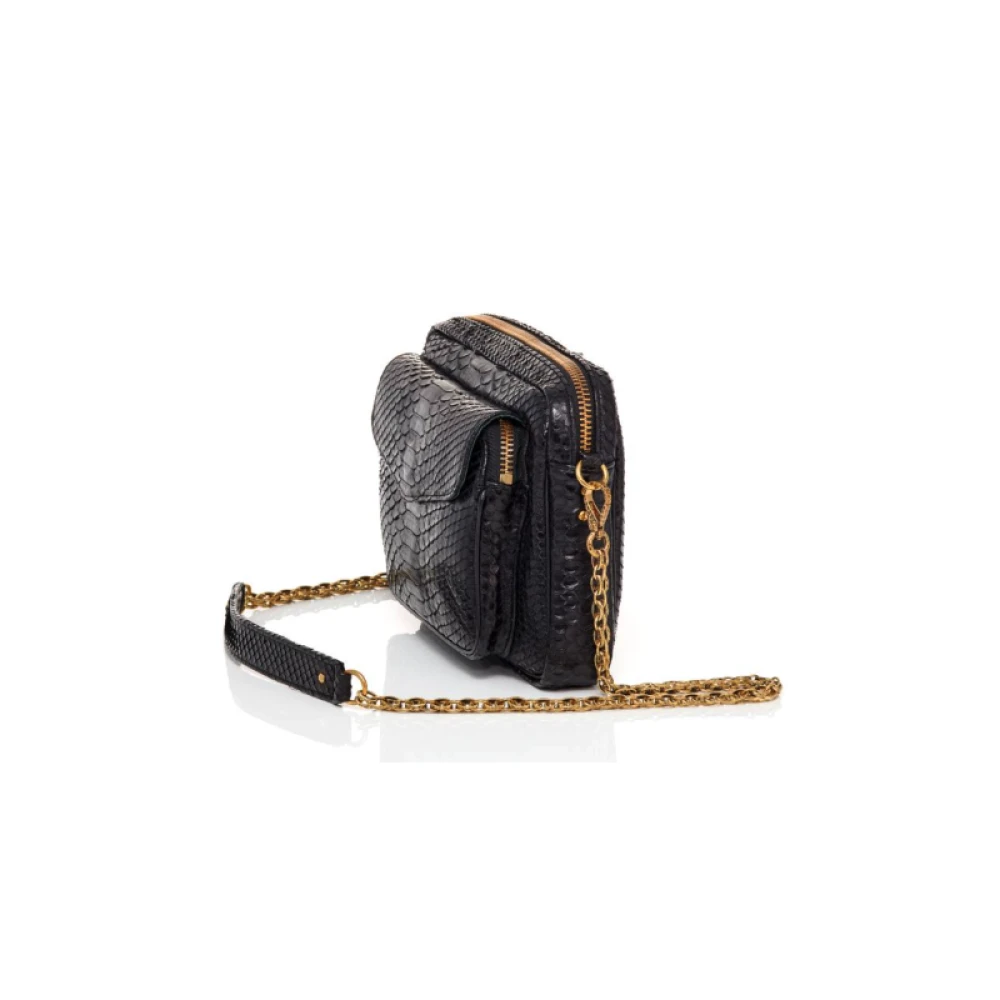 Claris Virot Zwarte Python Schoudertas met Gouden Ketting Black Dames