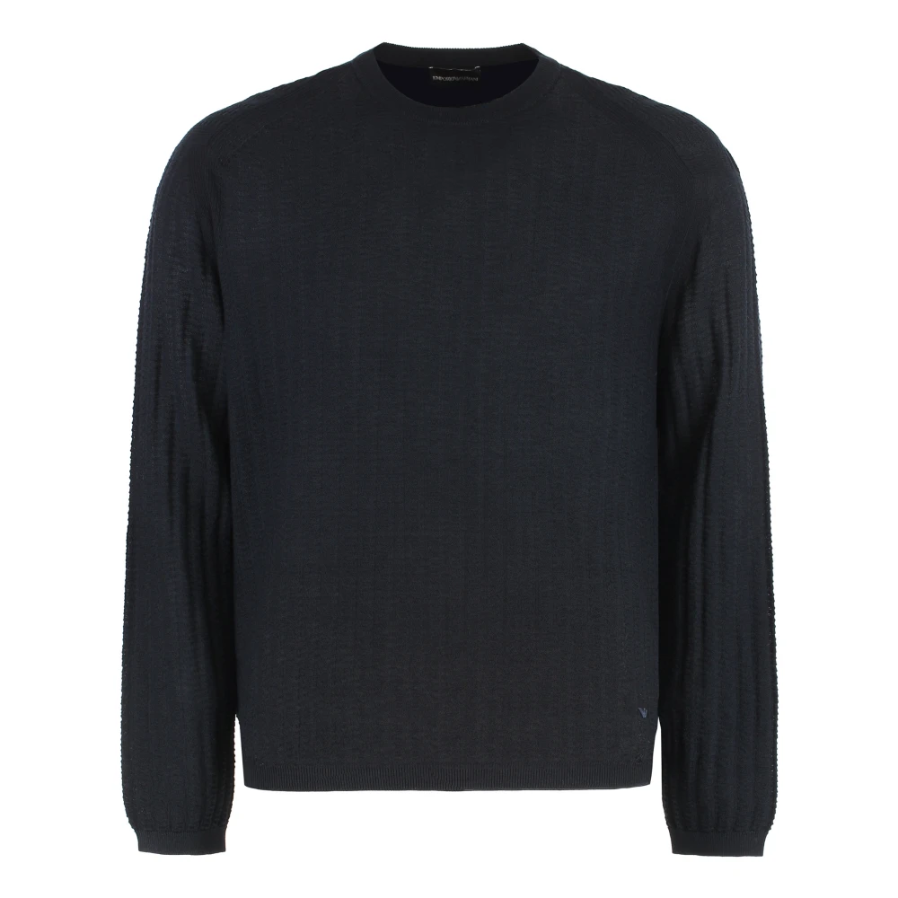 Emporio Armani Men's Blue Round-Neck Knitwear,, Ribbed Wool-Blend Crew-Neck Jumper Medium