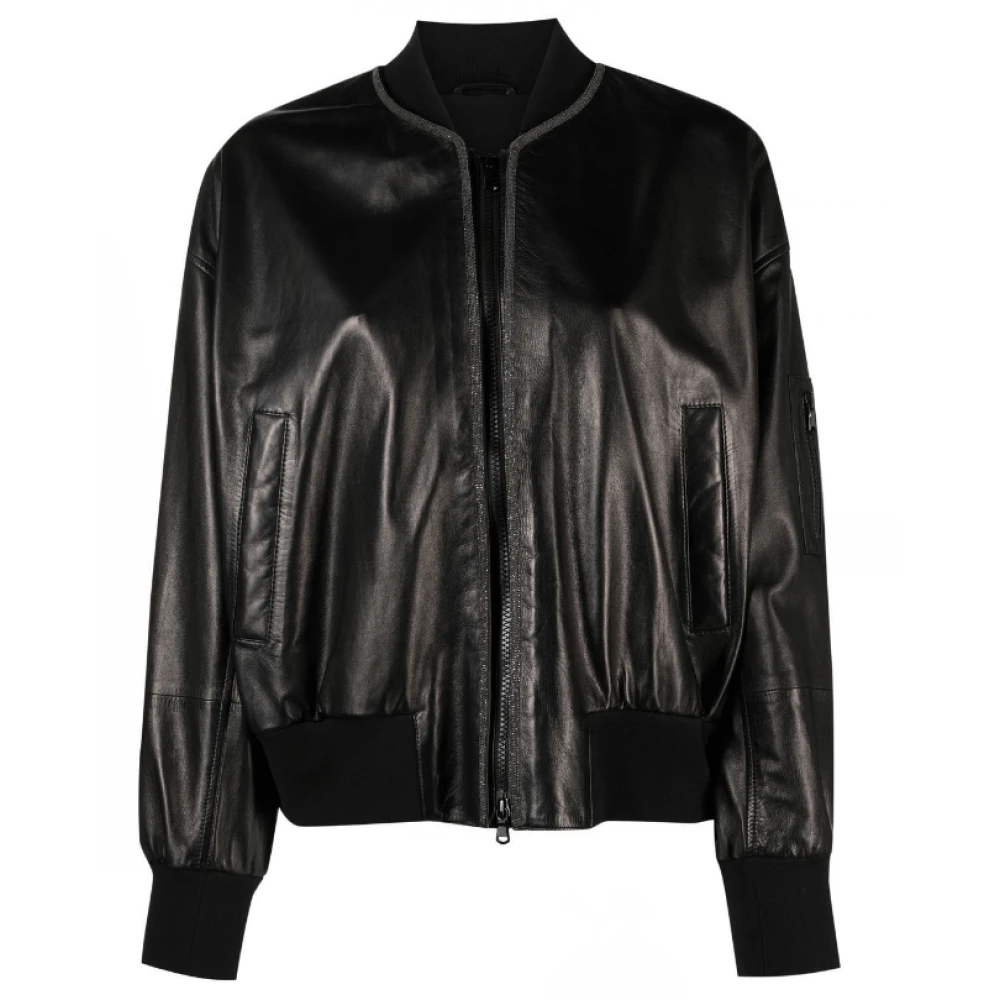 Sort Læder Cropped Bomber Jakke