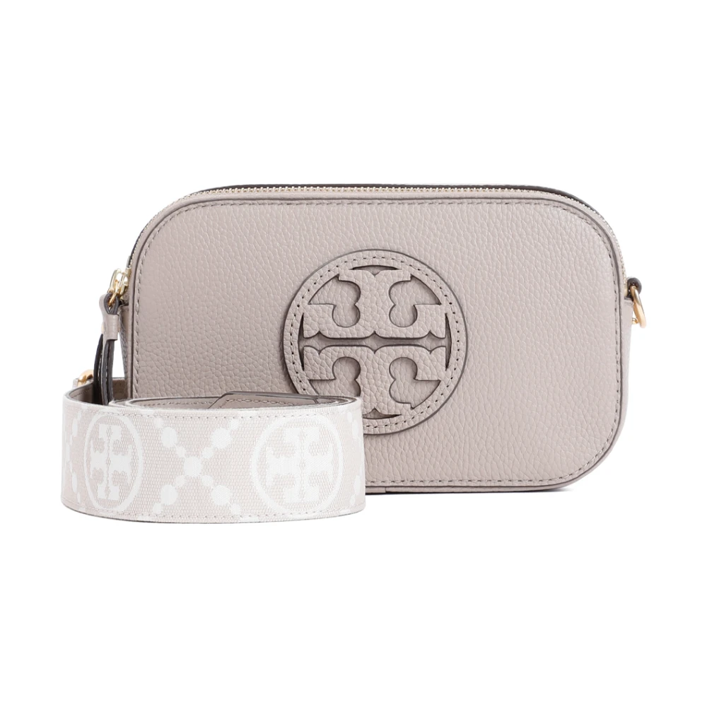 TORY BURCH Beige Leren Schoudertas met Double T Motief Beige Dames