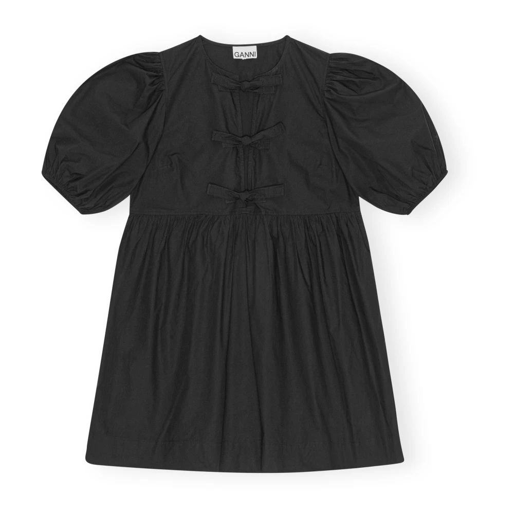 Ganni Cotton Poplin Tie String Mini Dress Black, Dam