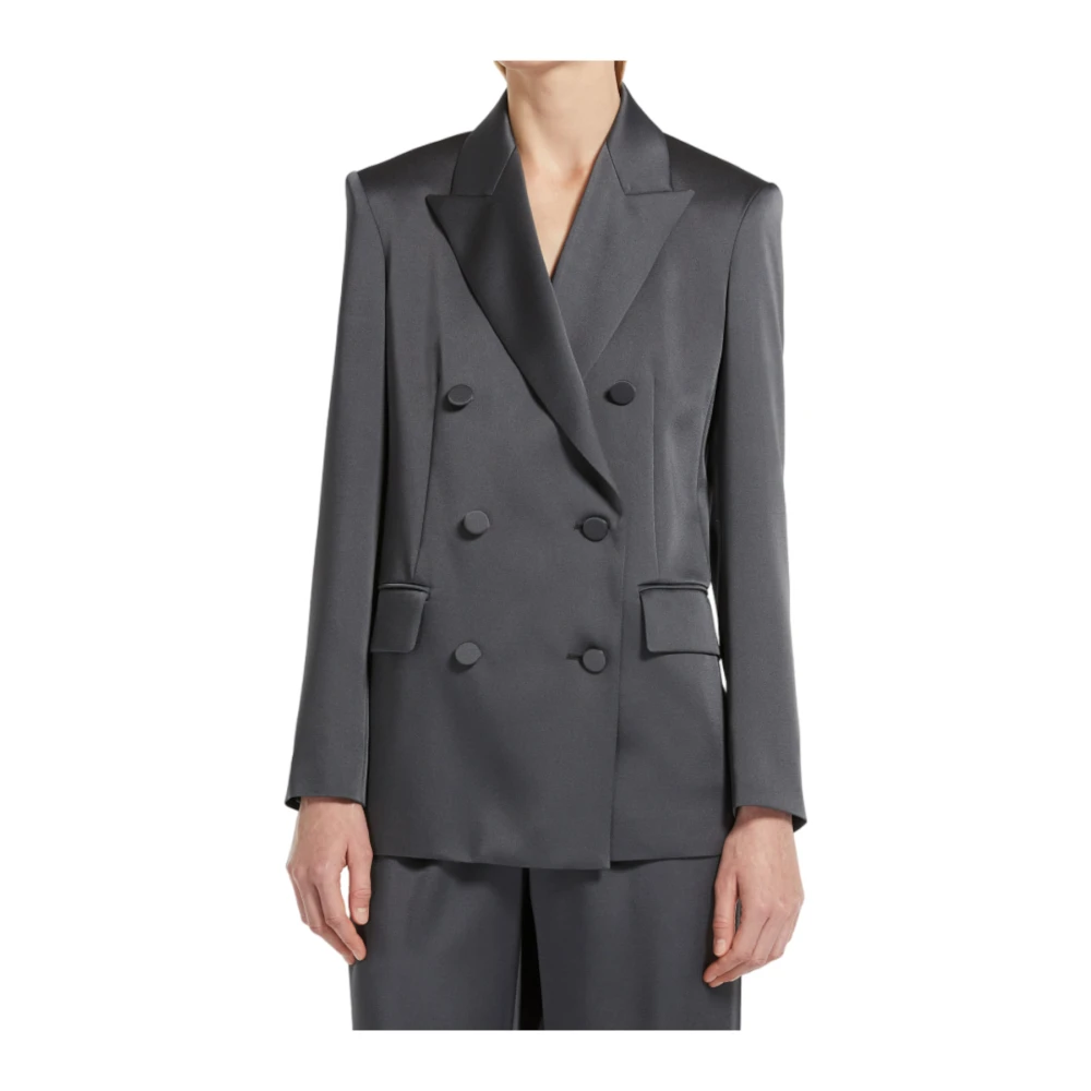 Max Mara Studio Dubbelrijige Satijnen Blazer Grijs Gray Dames