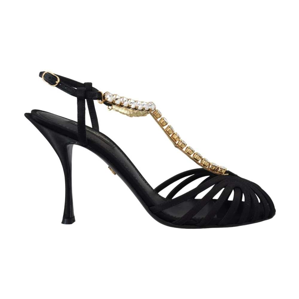 Dolce & Gabbana , High Heel Sandals, Female, Black, 2 1/2 Uk, Black Satin Clear Crystal T-Strap Sandal Shoes - Image 3