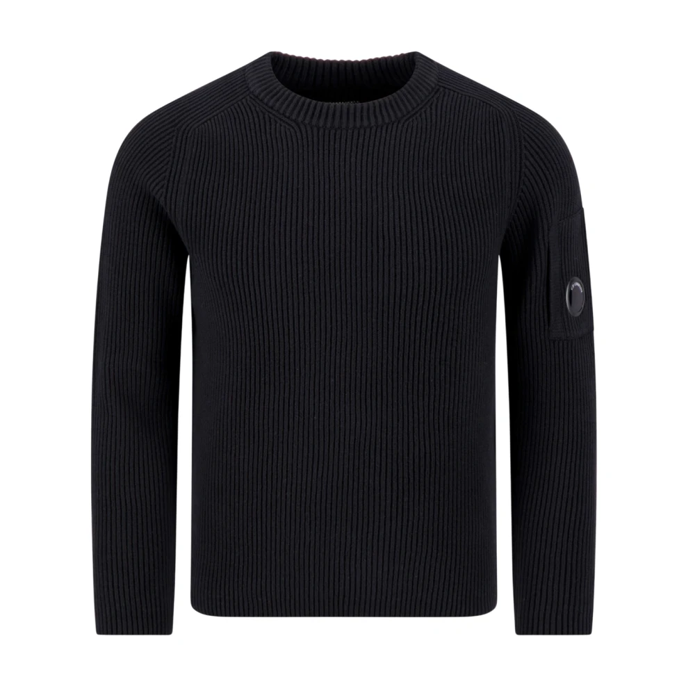 C.p. Company , Round-Neck Knitwear, Male, Black, L, Full Rib Crewneck Lens Jumper