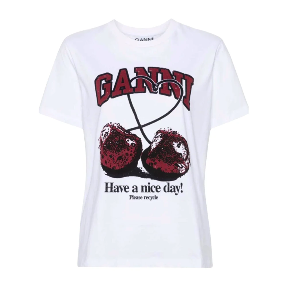 Ganni Wit Katoenen T-shirt met Logo Print White Dames