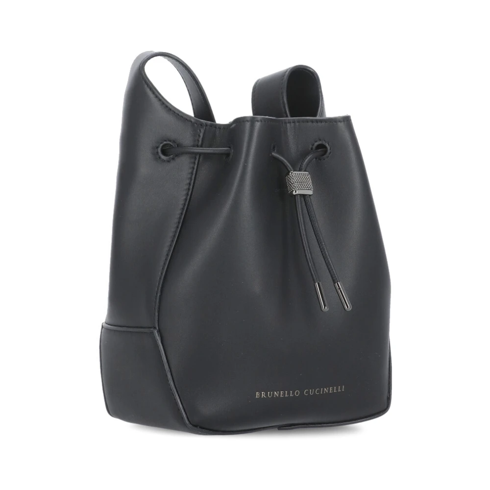 BRUNELLO CUCINELLI Zwarte Leren Schoudertas Koordsluiting Logo Black Dames
