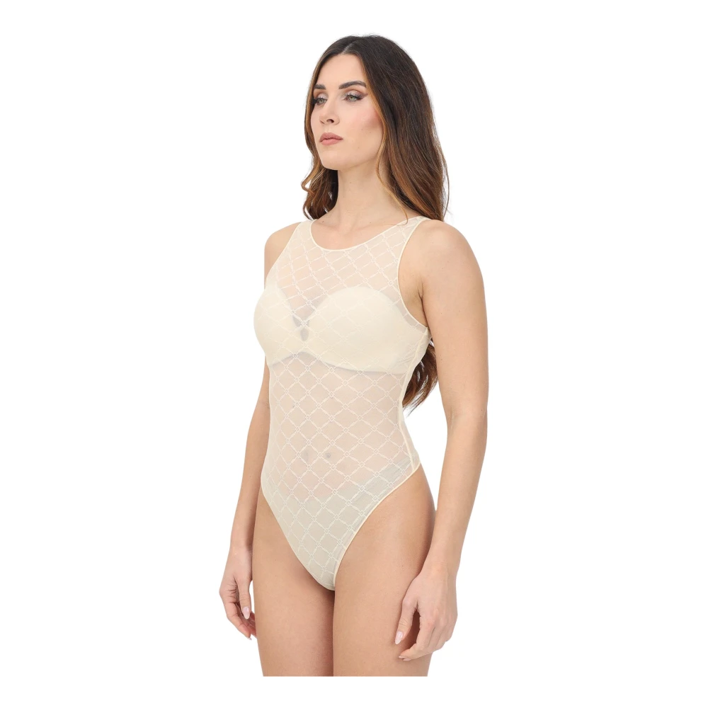 Elisabetta Franchi Gele Jacquard Mouwloze Body met Ruitmotief Beige Dames