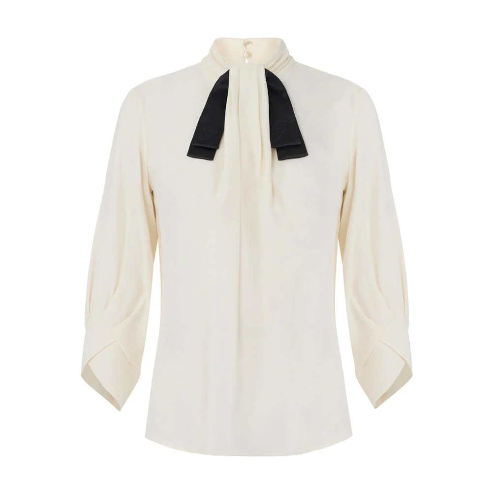 Elisabetta Franchi , Blouses, Female, Beige, S, Blouse In Georgette Fabric With Bow-Tie