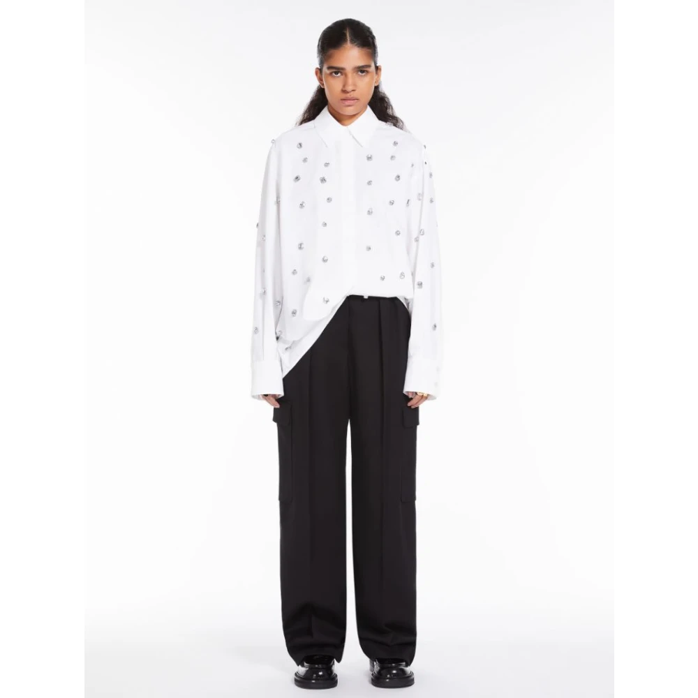 SPORTMAX Oversized Wit Katoenen Poplin Shirt met All Over Strass Applicatie White Dames