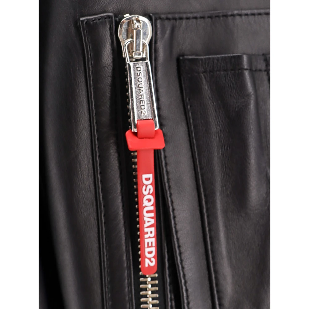 Dsquared2 Zwarte Leren Jas Rits Sluiting Black Heren