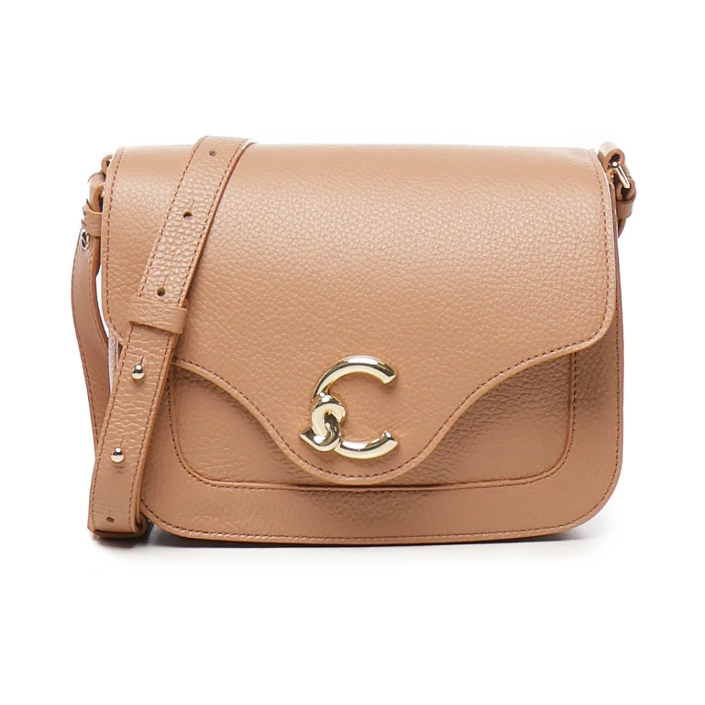 Coccinelle Leren schoudertas met logoklep Beige Dames