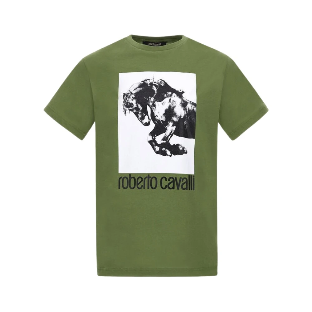 Roberto Cavalli T-shirt met Paardenlogo en Print Green Heren