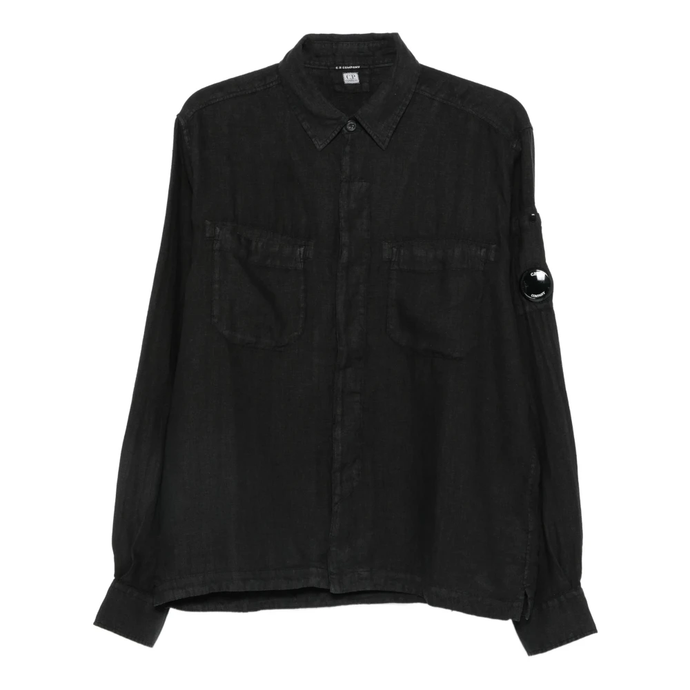 C.p. Company Men's Black Casual Shirts, M, Linen Long Sleeve Button Lens Shirt