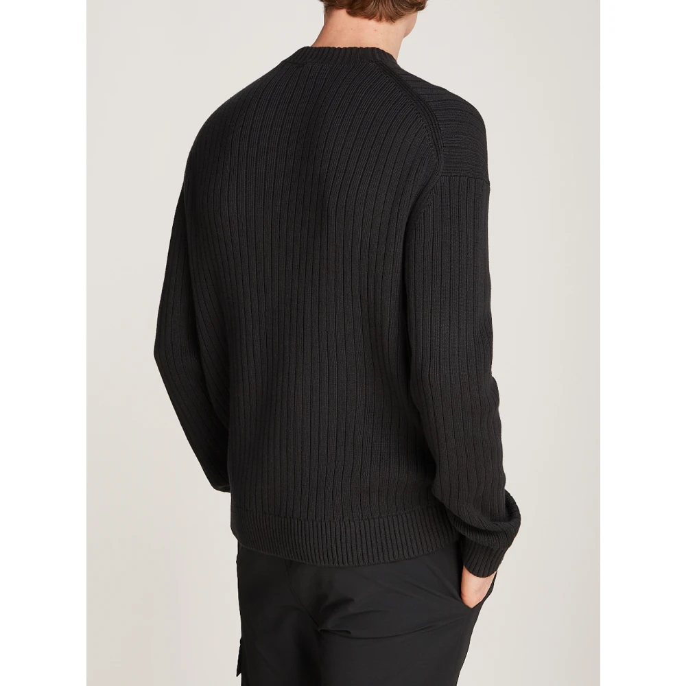 Calvin Klein Zwarte Geribbelde Trui Lineaire Stijl Black Heren