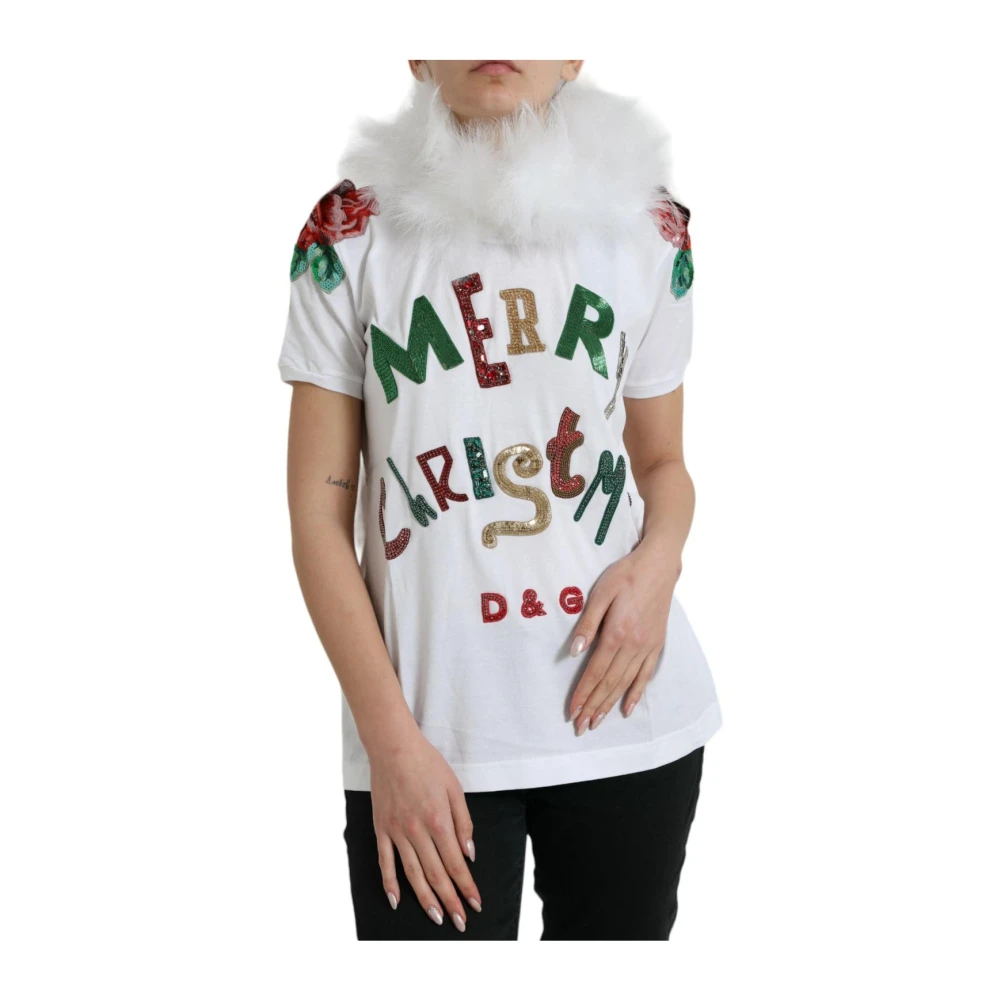 Dolce & Gabbana Women's White T-Shirts, 2XS, Fur Sequin Cotton T-Shirt