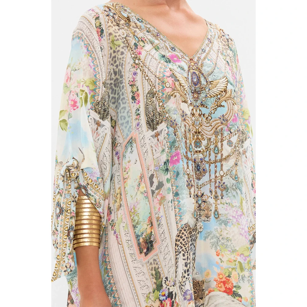 Camilla Luipaardprint Zijden Kaftan met Strikmouwen Beige Dames