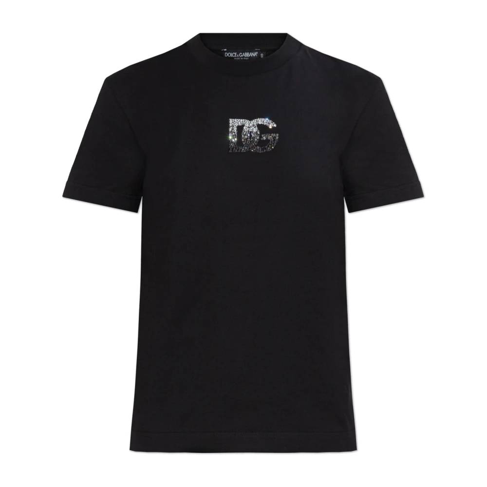 Dolce & Gabbana Women's Black T-Shirts, Xs, T-Shirt With A Logo Finished With Shimmering Crystals