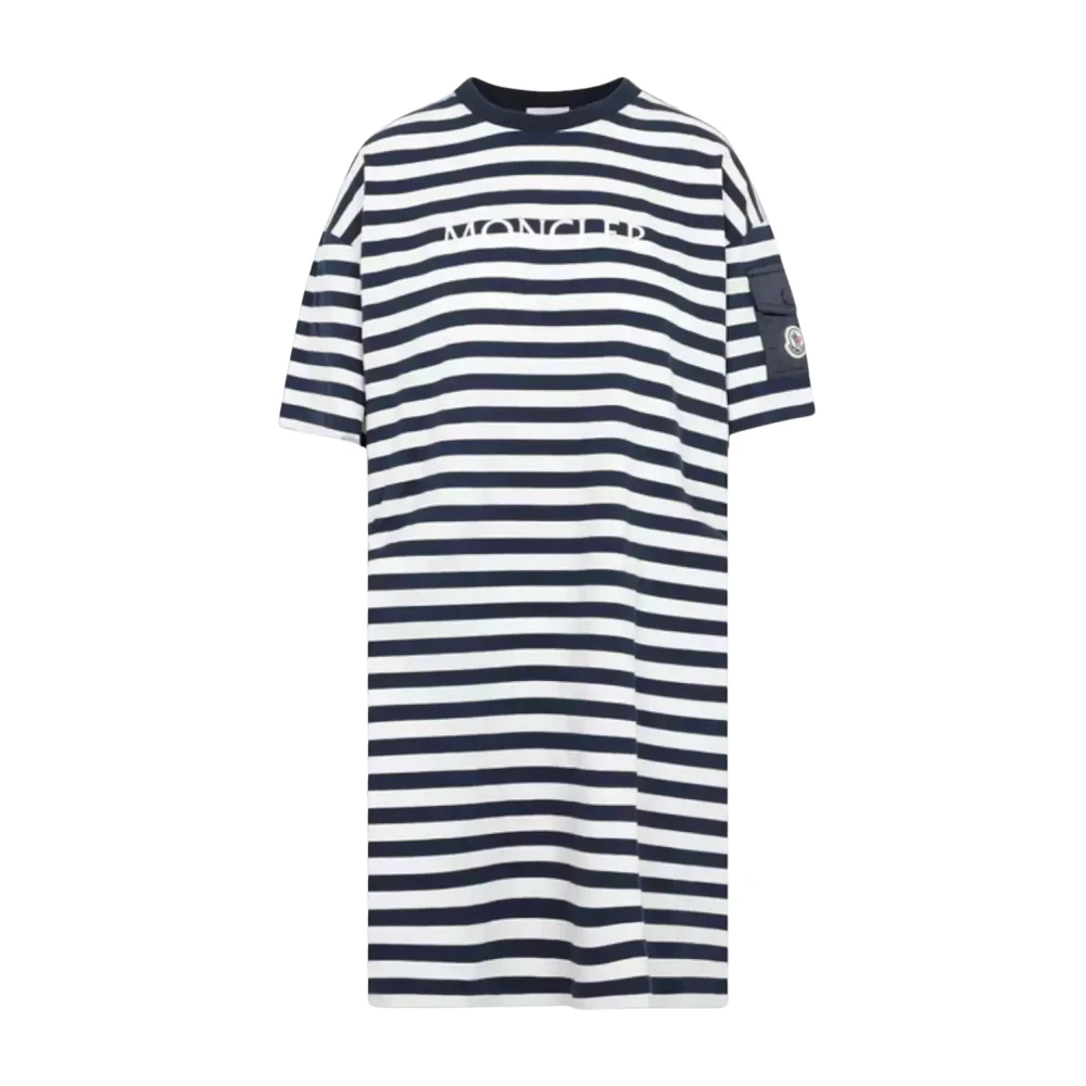 Moncler Gestreepte katoenen jurk met ronde halslijn White Dames