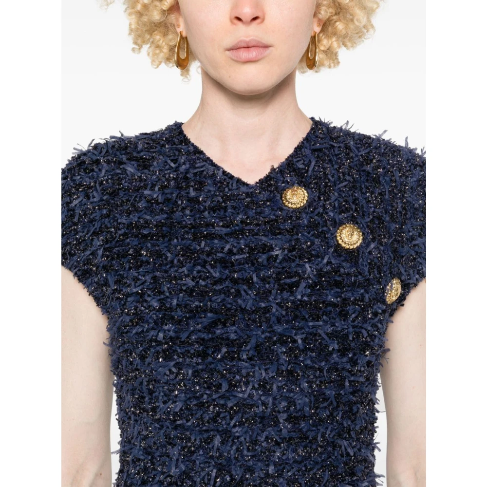 Balmain Blauwe Jurk Met Franje Metallic Draad Blue Dames