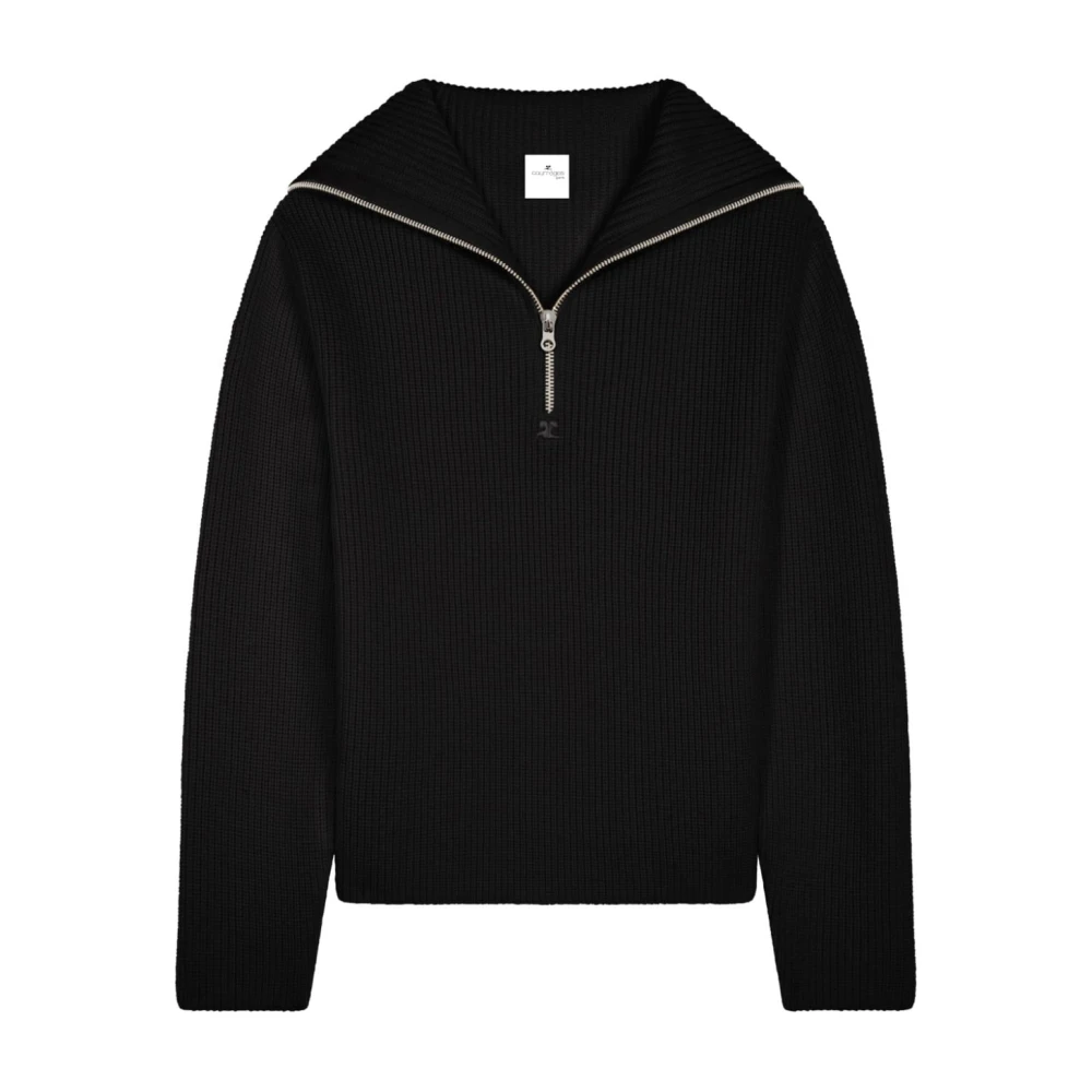 Courrèges Men's Black Ribbed Wool Hooded Jumper With Zip - Turtlenecks - Xs - Knitwear