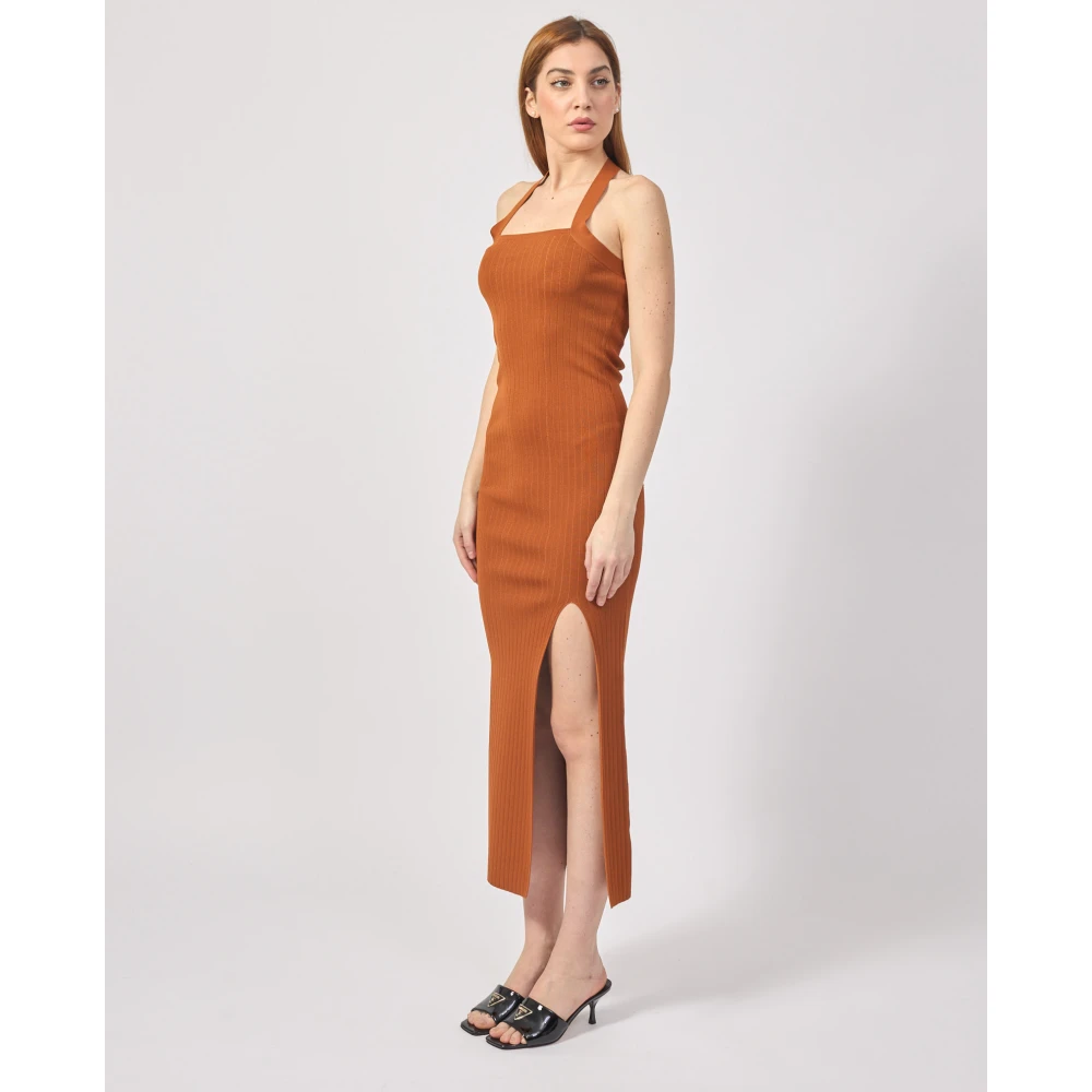 Silvian Heach Bruine Geribbelde Gebreide Jurk met Asymmetrisch Ontwerp Brown Dames