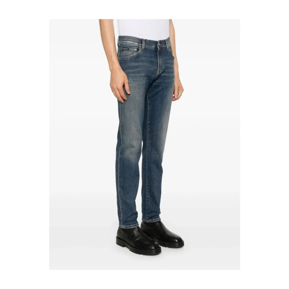 Dolce & Gabbana Slim Logo Plate Jeans Stone Washed Blue Heren
