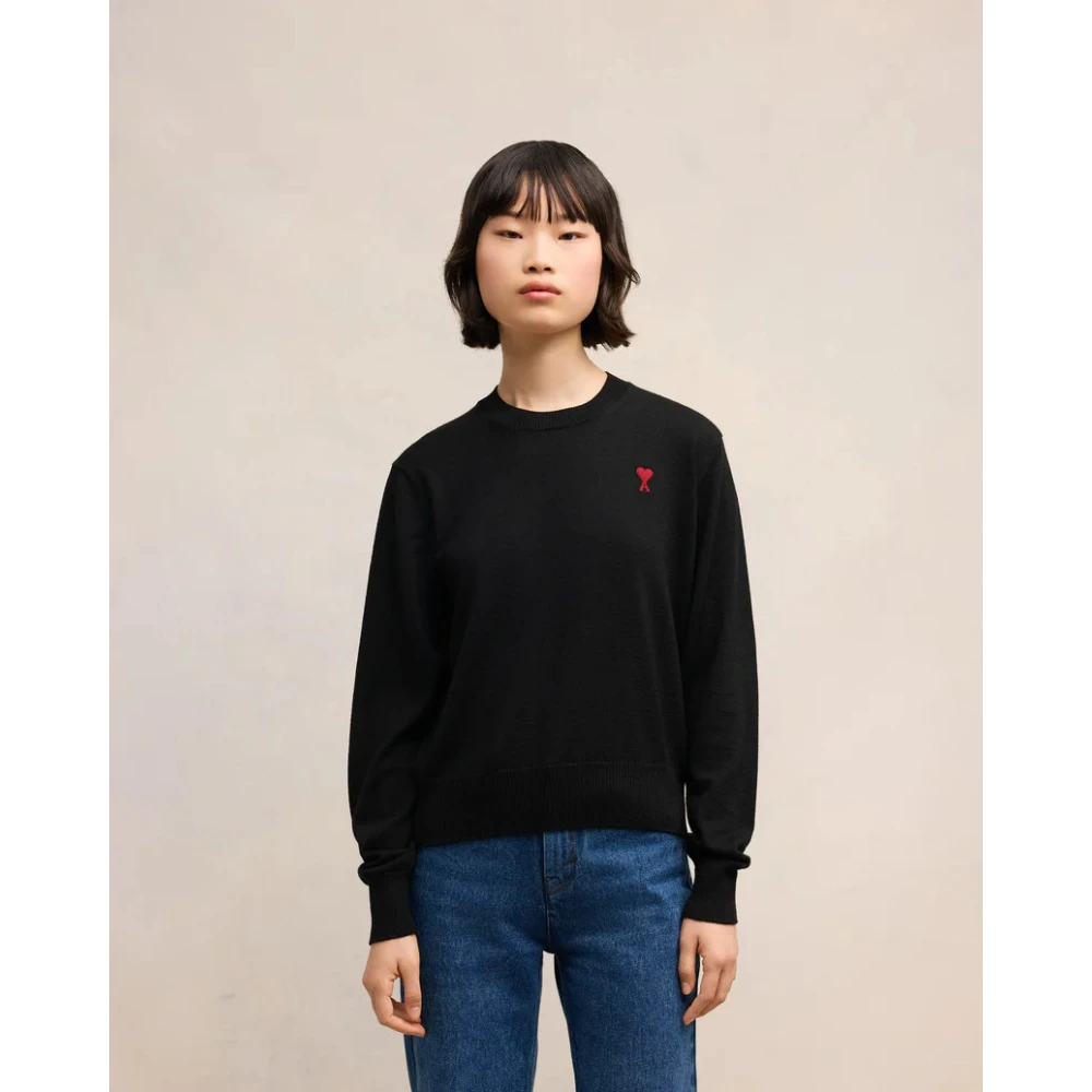 Ami Paris Klassieke Merinowollen Trui met Rode Borduursels Black Dames