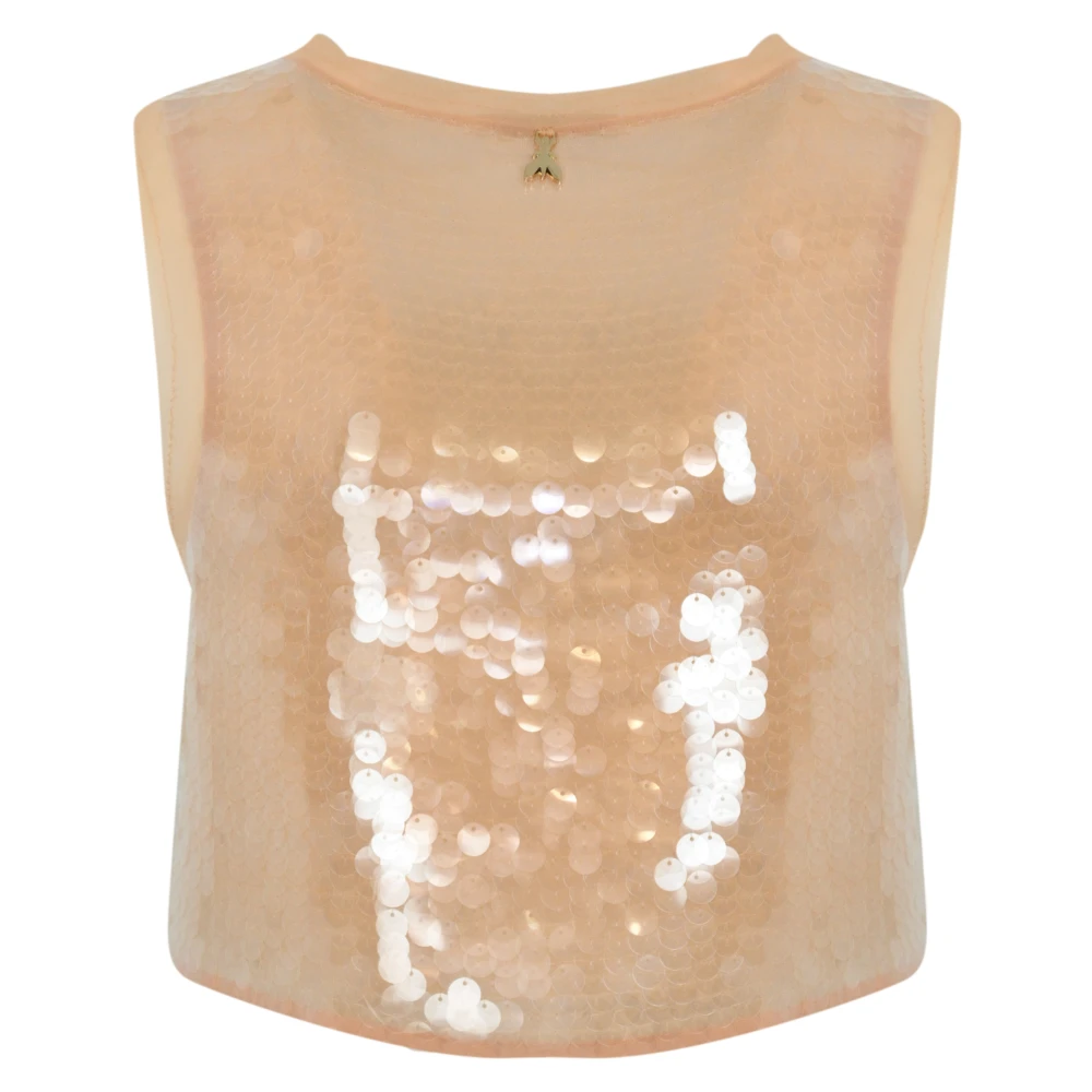 PATRIZIA PEPE Paillet Tule Crème Goud Mouwloze Top Brown Dames