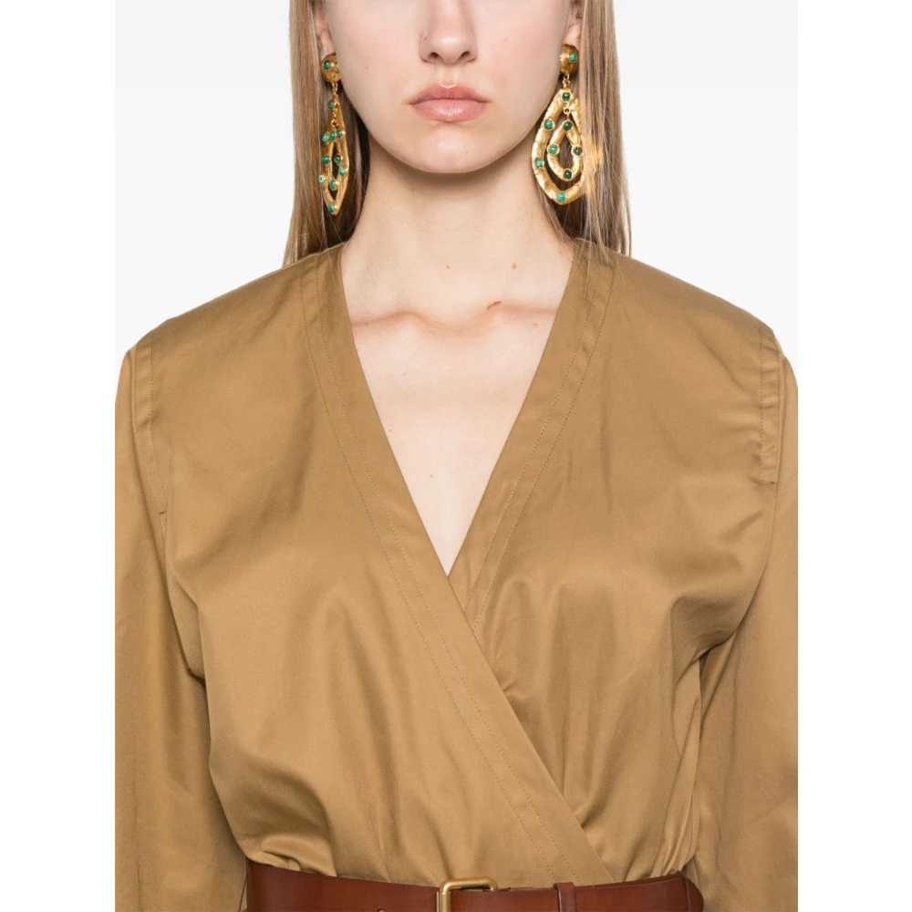 Saint Laurent Kameel Katoenen Twill Midi Jurk Brown Dames